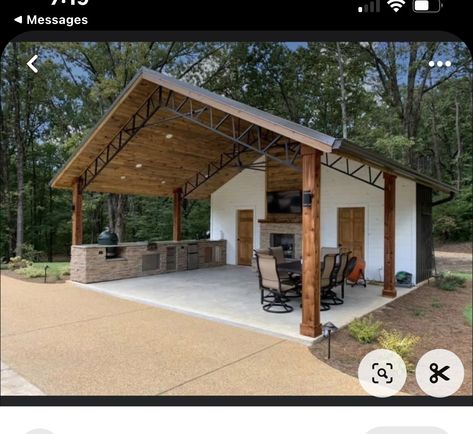 Shop With Outdoor Kitchen, Modern Pavilion Design Outdoor Spaces, Pavilion Off Back Of House, Outdoor Pavilion With Bathroom, Outdoor Kitchen Attached To Garage, Pool Shelter Ideas, Ranch Patio Ideas, Detached Outdoor Living Space, Outdoor Patio Ideas With Kitchen