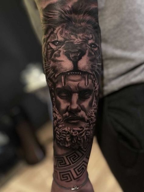 Hercules With Lion Head Tattoo, Greek Mythology Lion Tattoo, Hercules Forearm Tattoo, Hercules Lion, Zeus Tattoos, August Tattoo, Calf Sleeve Tattoo, Hercules Tattoo, Tattoo Ideas Males