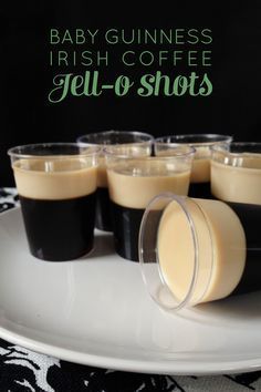 Irish Coffee Jello Shots.  They look like small servings of Guiness beer, but they're not.  The bottom layer is coffee, gelatin, and Irish Whiskey.  The top layer is gelatin and Irish Cream.  Recipe from Feast + West. Coffee Jello Shots, Baby Guinness, Coffee Jello, Glace Fruit, Jello Pudding Shots, Irish Cream Recipe, Jell O Shots, Alcoholic Desserts, Jello Shot