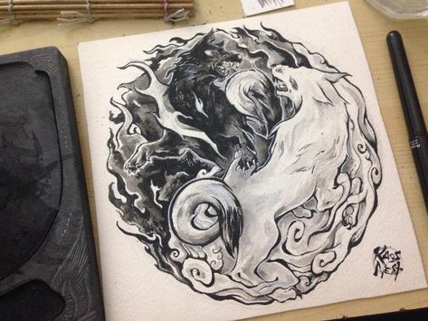 Wolf Yin Yang Tattoo, Tatoos Wolf, Bf Tattoos, Yin Yang Tattoo Ideas, Wolf Yin Yang, Yang Tattoo Ideas, Two Wolves Tattoo, Yin Yang Tattoo Meaning, Wolves Tattoo