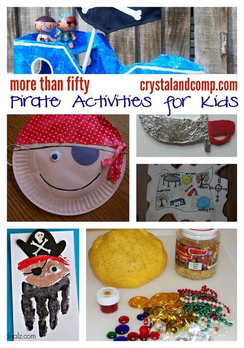 Do you have some fun pirate ideas planned for Talk Like a Pirate Day (which is September 19th)? We do! Here is a collection of over 50 pirate activities for kids that you will certainly enjoy! Pirate Activities For Kids, Pirate Preschool, Pirate Week, Pirate Unit, Silly Holidays, Talk Like A Pirate Day, Pirate Activities, Talk Like A Pirate, Pirate Crafts