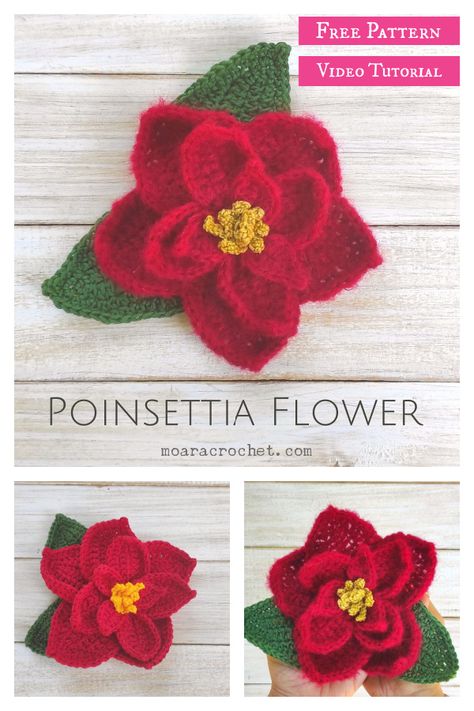 Poinsettia Flower Free Crochet Pattern and Video Tutorial Poinsettia Flower Crochet, Crochet Mini Poinsettia Free Pattern, Crochet Poinsettia Free Pattern, Holiday Crochet Patterns Free, Poinsettia Crochet, Crocheted Plants, Crochet Christmas Garland, Holiday Crochet Patterns, Chocolate Turtles