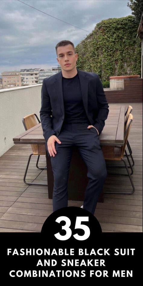 35 Fashionable Black Suit and Sneaker Combinations for Men Style Black Sneakers, Suits And Sneakers, Black Tuxedo, Black Suit, All Black Outfit, Sneakers Men Fashion, Black Sneakers, Black Suits, Black Outfit