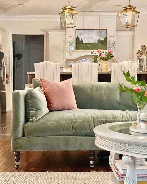 Light Green Sofa Decor, Best Family Sofa Living Rooms, Vintage Style Sofa, Seafoam Green Couch Living Room Ideas, French Blue Velvet Sofa, Living Room With Green Velvet Sofa, French Country Sectional Sofa, Velvet Lounge Room, Arhaus Furniture Living Rooms