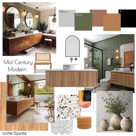 Bathroom Mood Board Green, Mcm Mood Board, Mcm Earth Tones, Midcentury Modern Moodboard, Mid Century Modern Moodboard, Mid Century Mood Board Interior Design, Mid Century Modern Mood Board, Timeless Interior Design Style, Modern Bathroom Interior