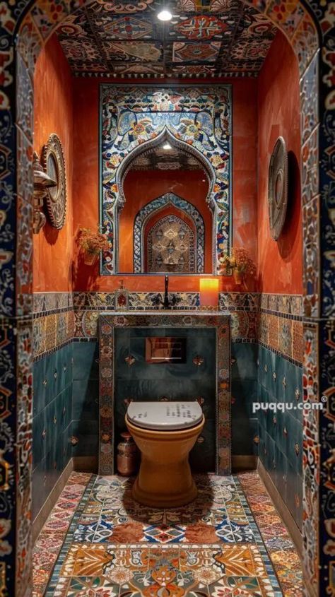 Hacienda Bathroom, Moroccan Style Bathroom, Moroccan Inspired Bathroom, Bathroom Vibes, Moroccan Bathroom, Colorful Tiles, Boho Bathroom Ideas, Bohemian Bathroom, Bathroom Accent Wall