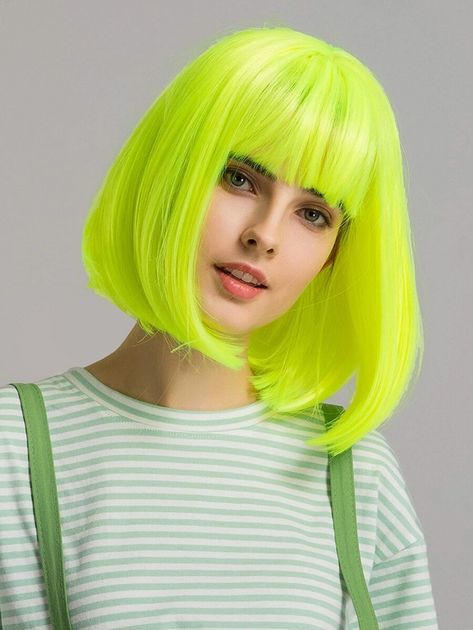 Neon Green Bob Wig With Bangs | SHEIN USA Neon Wig, Neon Green Hair, Pink Bob, Real Wigs, Stylish Short Hair, Neon Hair, Short Hair Wigs, Green Neon, Straight Bob