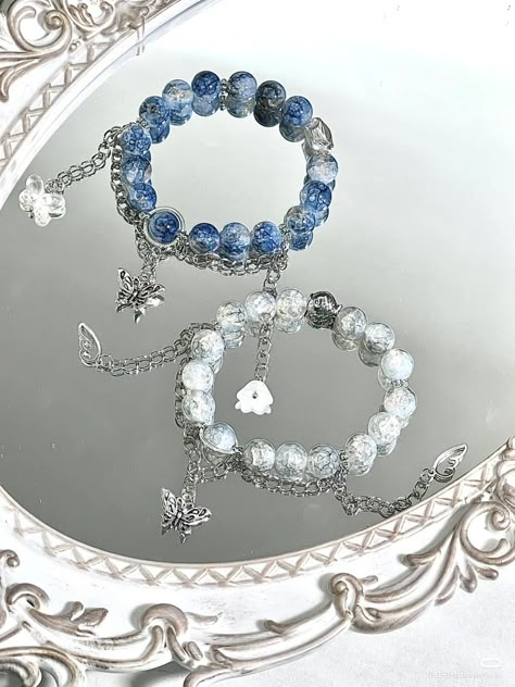 Beautiful Items, Cute Blue Bracelet, Cute Blue Jewelry With Charms, Aesthetic Blue Bracelet, Douyin Bracelets, Handmade Blue Kawaii Jewelry, Beaded Jewelry Kawaii, Ethereal Jewelry, Girly Bracelets