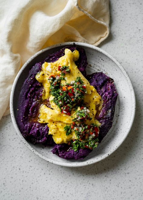 Baked Purple Sweet Potato with Soft Scrambled Eggs - sporckly Mashed Purple Sweet Potatoes, Purple Sweet Potato Pancakes, Purple Potato Recipe, Sweet Potato Loaded, Baked Purple Sweet Potato, Purple Sweet Potato Recipes, Purple Potato Recipes, Potato Loaded, Soft Scrambled Eggs