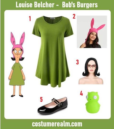 How To Dress Like Louise Belcher Costume Guide For Halloween Louise Belcher Costume, Bob's Burgers Halloween Costume, T Shirt Dress Pattern, Bobs Burgers Costume, Bob's Burgers Louise, Bob's Burgers Halloween, Burger Costume, Halloween Inspired Outfits, Cher Costume