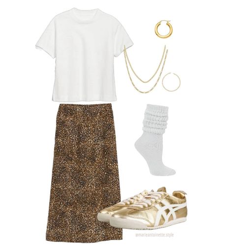 Happy Monday! There’s an extreme heat advisory out again for the triple digit heat in Cali so here’s an outfit that’s perfect to keep cool in ☀️ -White Vintage Crew Tee- @oldnavy -Animal Print Midi Skirt- @oldnavy -Slouch Socks- @amazon -Gold Onitsuka Tiger Sneakers- @stockx -14k Solid Gold Tube Hoops- @etsy -14k Solid Gold Chains & Bracelet- (Figaro Chain)Jewelry District DTLA & (Cuban chain & bracelet) @shopdelagold White Slouch Socks Outfit, Gold Onitsuka Tiger, Gold Sneakers Outfit, Tiger Sneakers, Chains Bracelet, Cuban Chain Bracelet, Slouch Socks, Gold Sneakers, Solid Gold Chains