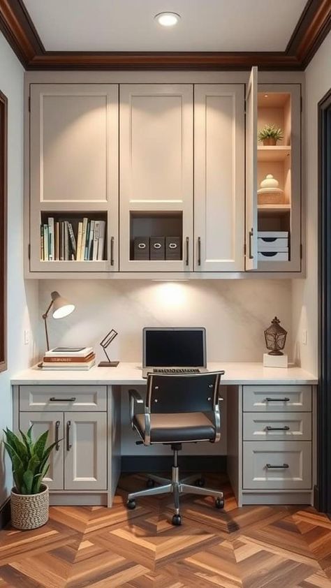 Optimize your small home office with custom-built ins for added storage and a polished look. Tiny Office With Storage, Office Nook Ideas Small Workspace Built Ins, Built In Desk With File Cabinets, Built In Desk With Upper Cabinets, Computer Desk Built In, Small Office With Shelves, Overhead Cabinets Office, Laundry Room With Desk Area Built Ins, Small Box Room Office Ideas