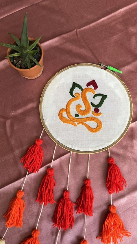 God Ganesha wall art hanging done with embroidery threads with addition of tassels. Ganesha Embroidery Design, Ganesha Wall Art, Illustration Poses, Embroidery Wall, Embroidery Wall Art, Bead Embroidery Tutorial, Embroidery Threads, Hand Embroidery Tutorial, Ganesha Art