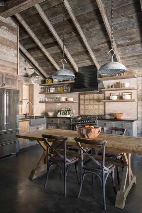 Rustic guest cabin surrounded by the breathtaking Bridger Mountains Farm Small House, Craftsmen Kitchen, River House Kitchen, Hay Shed, Industrial Cabin, Metal Countertops, Broken Bow Cabins, Reclaimed Wood Cabinet, Rustic Wine Rack