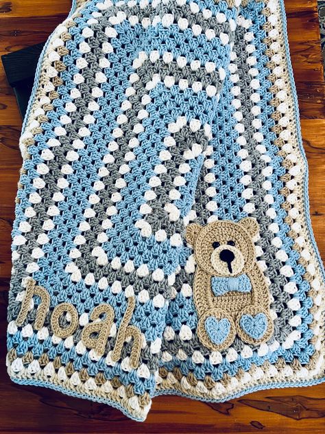 Custom baby blanket. Granny square with teddy bear applique and name. Crochet Baby Boy Blanket Granny Square, Teddy Bear Crochet Blanket, Baby Boy Granny Square Blanket, Crochet Blanket With Name, Crochet Baby Blanket With Name, Teddy Bear Granny Square, Crochet Teddy Bear Blanket, Crochet Names, Teddy Bear Applique