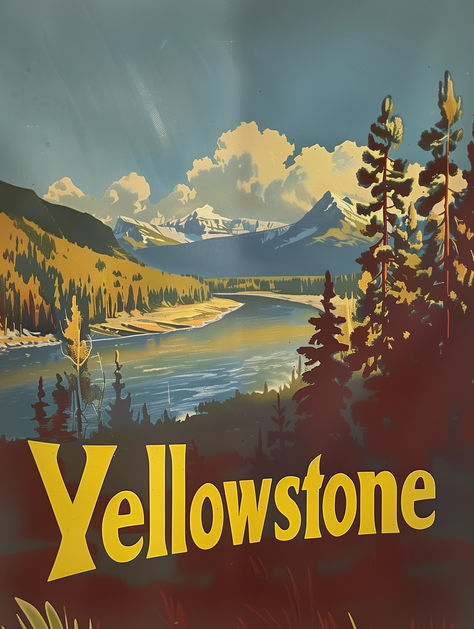 Immerse yourself in the tranquil beauty of America's first national park with our Vintage Yellowstone River Poster. This digital print captures the serene flow of the Yellowstone River as it carves its way through lush pine forests and past the towering peaks of the Rocky Mountains. This high-quality, printable artwork is a celebration of the untouched beauty of Yellowstone, offering a moment of peace and reflection to any nature lover or national park enthusiast. Vintage Yellowstone, Yellowstone River, Rocky Mountain National, Pine Forest, Retro Wall Art, Printable Artwork, Retro Wall, Travel Poster, Rocky Mountains