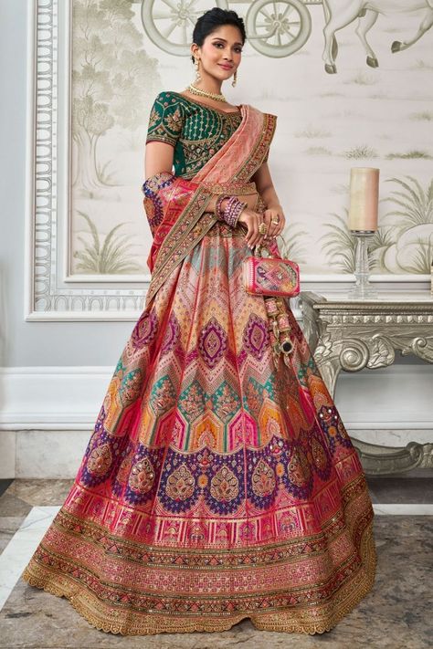 Multicolor Banarasi Silk Designer Bridal Lehenga Set Silk Bridal Lehenga, Fancy Lehenga, Simple Lehenga, Mehendi Outfits, Lehenga Fabric, Party Wear Gown, Bollywood Lehenga, Designer Bridal Lehenga, Modern Saree