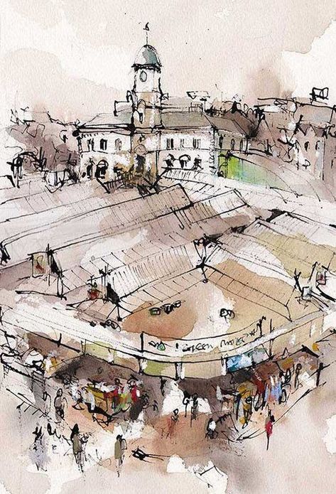 Watercolour Cityscape, Emma Fitzpatrick, Watercolor Sketching, Architectural Illustration, Architecture Sketches, Urban Painting, Urban Sketches, Pen And Wash, Urban Sketch