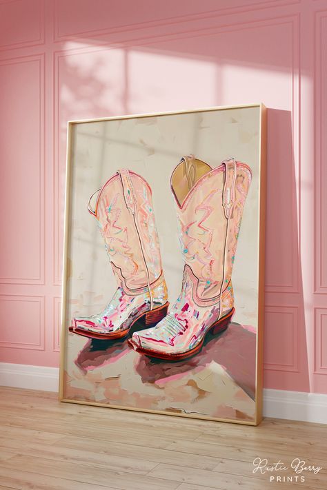 Pink Cowgirl Boots Art Print Wall Art Poster Vintage Preppy Trendy Western Decor Dorm Room Instant Download PRINTABLE - Etsy Preppy Western Bedroom Ideas, Pink And Orange Western Bedroom, Dolly Wall Art, Pink Cowgirl Painting, Pink Western Prints, Vintage Western Decor Bohemian, Western Chic Nursery, Cowgirl Bathroom Ideas, Pink Cowgirl Room Ideas