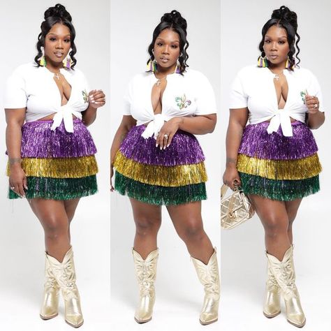 Mardi Gras Plus Size Outfit, Mardis Gras Outfit, Mardigrass Ideas Outfit, Mardi Gras Outfits Black Women, Cute Mardi Gras Outfit, Mardi Gras Outfit Ideas, Mardi Gras Outfits For Women, Mardi Gras Parade Outfit, Mardi Gras Attire