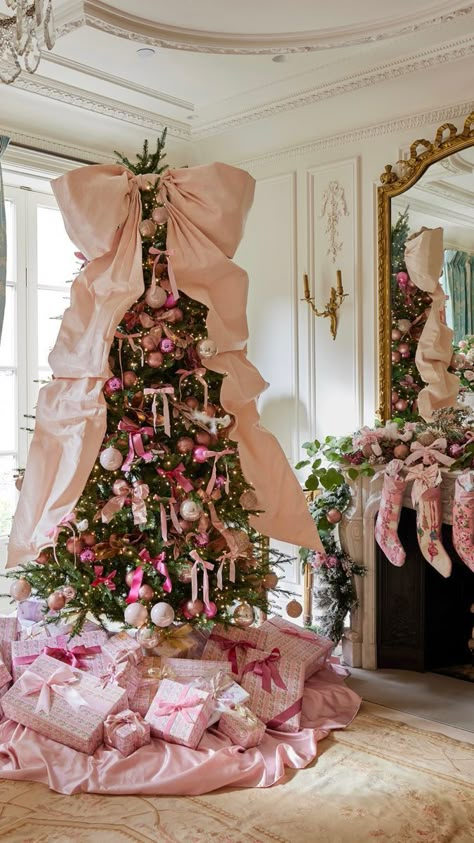 Nutcracker Holiday Decor, All Pink Christmas Tree, Pink Tree Christmas Decorations, Marie Antoinette Christmas Tree, Love Shack Fancy Christmas Tree, Bow Tree Christmas, 2 Christmas Trees In Living Room, Pinkmas Aesthetic, Pink Christmas Decorations Diy