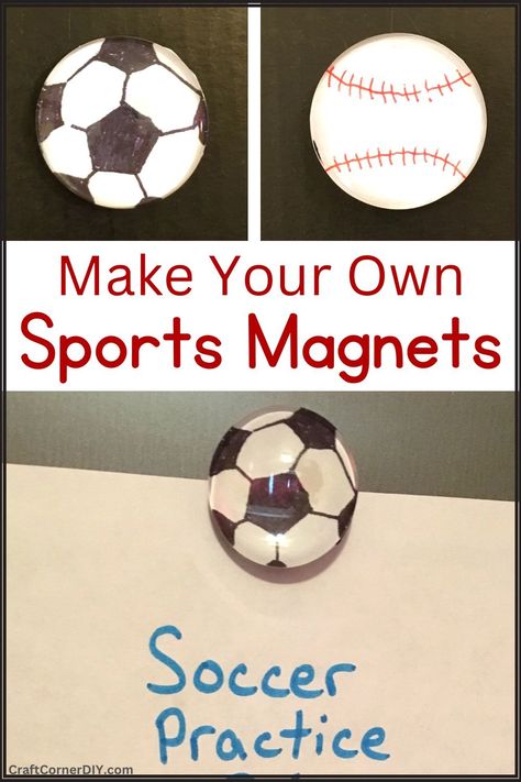 Picture of DIY sports magnets. Locker Magnets Diy, Soccer Arts And Crafts, Soccer Crafts For Kids, Baseball Crafts For Kids, Summer Sports Crafts, Sport Crafts For Kids, Soccer Ball Crafts, Sports Crafts For Kids, Crafts For Elementary Kids