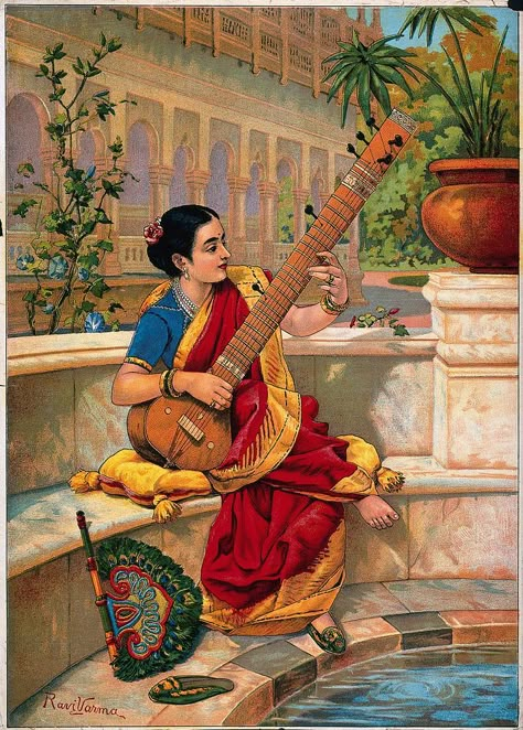 A seated Indian woman plays a sitar next to a garden pond. Chromolithograph after Ravi Varma,1800s. | free image by rawpixel.com Ravi Verma Paintings, Ravivarma Paintings, Raja Ravi Varma Paintings, Ravi Varma Paintings, Desi Art, Indian Artwork, Indian Arts, South Asian Art, Indian Art Gallery