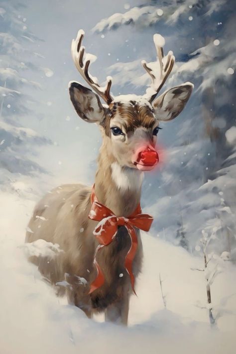 Reindeer Paintings, Rudolph Painting, Christmas Art Vintage, Reindeer Painting, Xmas Wall Art, Reindeer Drawing, Reindeer Art, Santa Paintings, Rudolph Reindeer