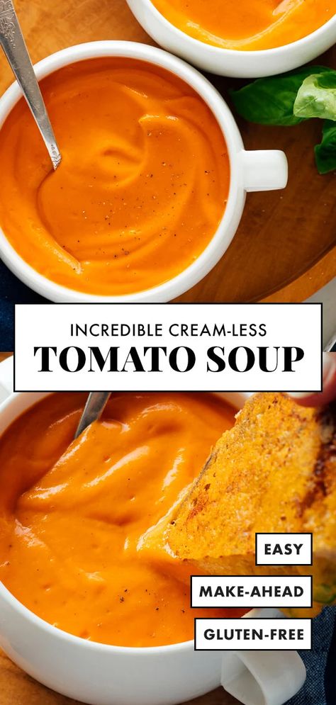 Meet the BEST homemade tomato soup recipe! It's easy to make with basic ingredients, plus it's creamy yet magically cream-less! This soup is gluten free, vegetarian and easily made vegan. #tomatosoup #souprecipe #easyrecipe #cookieandkate Best Homemade Tomato Soup, Sweet Potato Carrot Soup, Easy Soup Recipes Healthy, Homemade Tomato Soup Recipe, Vegan Tomato Soup, Homemade Tomato Soup, Tomato Soup Easy, Tomato Soup Homemade, Tomato Soup Recipe