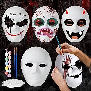 5Pcs Halloween Mask DIY Blank Full Face Masks, White Paper Mache Mask Costume, DIY Halloween Crafts Paintable Mask, Masquerade Mask, Clown Mask, Ghost Mask, Halloween Mask for Adults (9.3 x 7.3In) Diy Halloween Masks For Adults, Villain Mask Design, White Mask Design, Creepy Mask Design, Halloween Mask Diy, Halloween Mask Ideas, Halloween Crafts Diy, Villain Mask, Full Face Masks