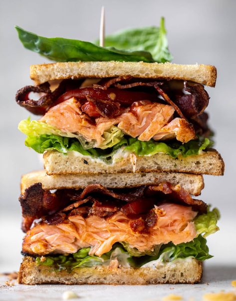 Salmon Club Sandwich with Charred Scallion Mayo Salmon Sandwich Ideas, Salmon Club Sandwich, Salmon Sandwich Recipes, Recipes For Lent, Seafood Sandwich, Salmon Sandwiches, Seafood Sandwiches, Salmon Sandwich, 7 Seas