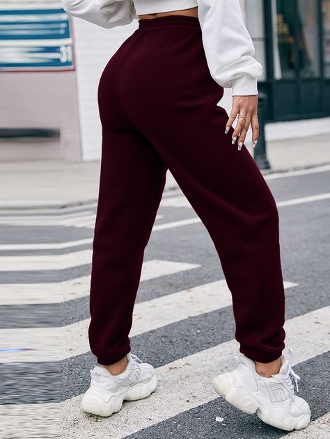 Maroon    Polyester Plain  Embellished Non-Stretch All Women Bottoms Women Sweatpants, Women Bottoms, Practice Outfits, Jean Skirt, Amazing Products, Sport Outfits, Womens Bottoms, Casual Wear, Elastic Waist