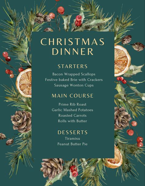 Classy Christmas Dinner, Dinner Party Menu Template, Christmas Dinner Starters, Party Menu Template, Holiday Dinner Menu, Dinner Menu Template, Christmas Party Menu, Christmas Dinner Menu, Christmas Eve Dinner