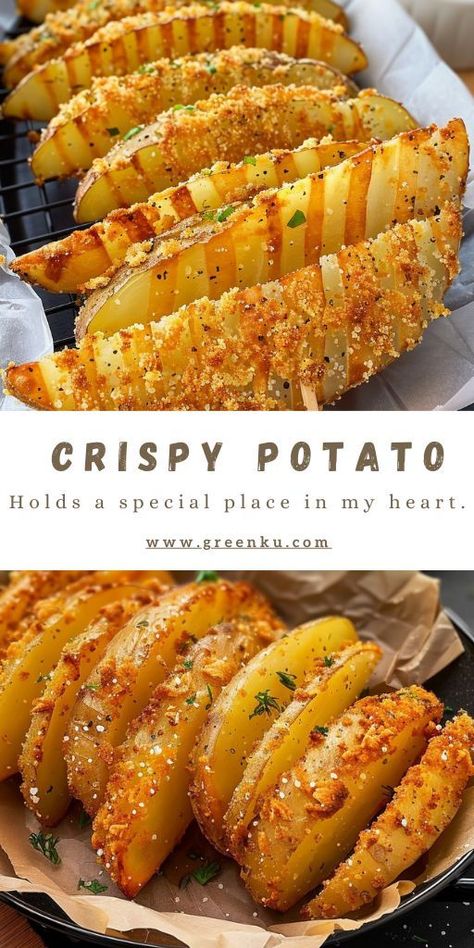 Crispy Parmesan Crusted Potato Wedges: A Family Favorite Ingredients: 3 large yellow potatoes 60 grams Panko breadcrumbs 1 teaspoon salt ½ teaspoon black pepper 1 teaspoon paprika ½ teaspoon garlic powder 30-40 grams grated Parmesan cheese 50 grams olive oil 3 cloves garlic, minced #Crispy #Potato Extra Crispy Parmesan Crusted Potatoes, Panko Potatoes, Parmesan Crusted Potato Wedges, Yellow Potatoes Recipes, Potato Side Dishes Easy, Parmesan Potato Wedges, Crispy Parmesan Potatoes, Parmesan Crusted Potatoes, Best Potato Recipes