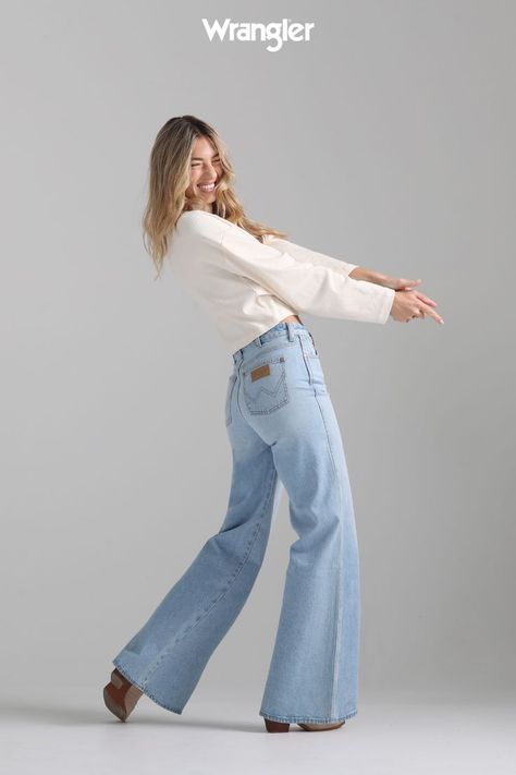 Wide Leg Jeans Poses, Poses In Wide Leg Jeans, Flare Jeans Photoshoot, Modern Light Wash Wide-leg Flare Jeans, Full-length Denim Flare Jeans With Belt Loops, Denim Photoshoot, Bonnie Jean, American Jeans, Wrangler Jeans