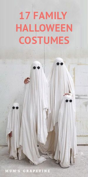 17 Family Halloween costume ideas | Mum's Grapevine Mum Halloween Costume Ideas, Family Of Ghosts Costume, Family Ghost Halloween Costumes, Family Ghost Costume Ideas, Funny Ghost Costume, Creepy Family Halloween Costumes, Parent Halloween Costumes, Family Ghost Costume, Ghost Family Costume