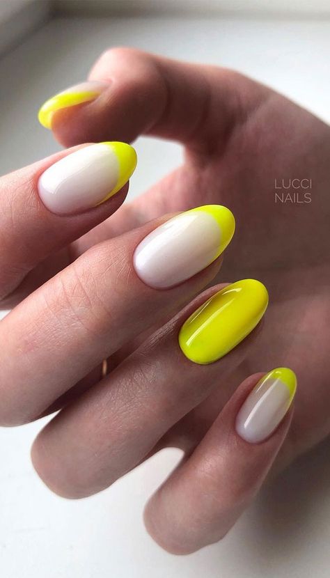 1. Mismatched French Nail Tips Wanna try modern French nails? We have mismatched French mani with simple yellow neon polish. This is such a stylish... Modern French Art, Florescent French Tip Nails, Neon Yellow Gel Nails Short, Neon French Tips Nails, Neon Yellow Short Nails, Florescent Nail, Florescent Nail Ideas, French Neon Nails, Neon Tip Nails