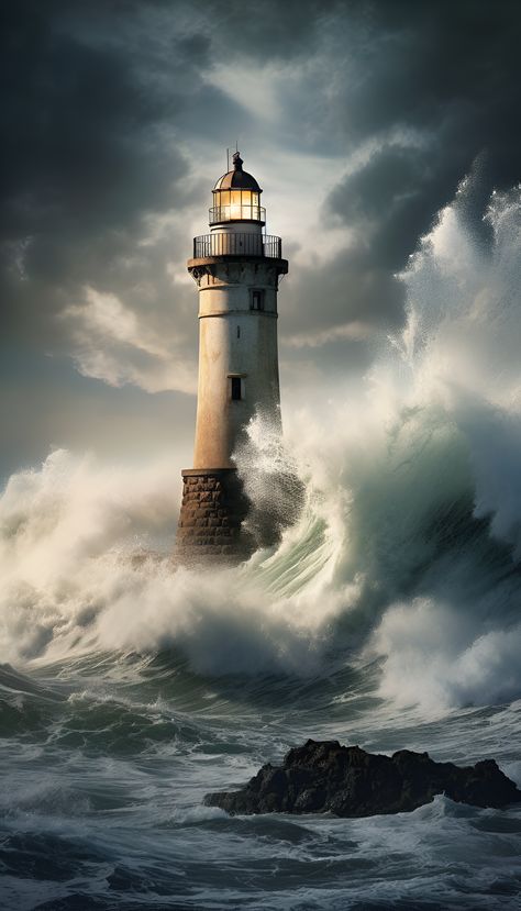 A mesmerizing view of a stormy ocean, with crashing waves and dark clouds, showcasing the untamed beauty of nature's fury. Lighthouse Drawing, Dove Pictures, Lighthouses Photography, Clever Tattoos, Lighthouse Photos, Lighthouse Painting, Lighthouse Pictures, Lighthouse Art, Boat Painting