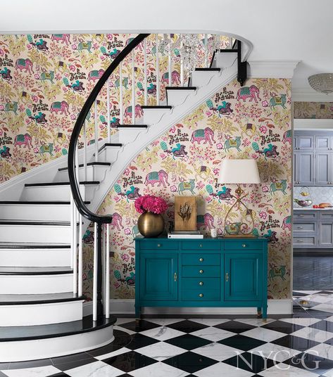 A Growing Family Moves to a Long Island Manor from a Brooklyn Heights Brownstone - Cottages & Gardens Curved Staircase Foyer, Pierre Frey Wallpaper, New House Aesthetic, Staircase Wallpaper, Wallpapered Rooms, Whimsical Interior, Foyer Design Ideas, Foyer Wallpaper, Gold Inspo