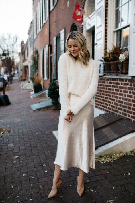 Wedding Dress And Sweater, Winter Dress Rehearsal Outfit, Holiday Dresses Classy Formal, Outfit Inspo Winter Dress, Bridal Skirt And Sweater, Engagement Sweater Dress, Cold Weather Rehearsal Dinner Outfit, Satin Dress And Sweater Outfit, Sweater Dress 2022