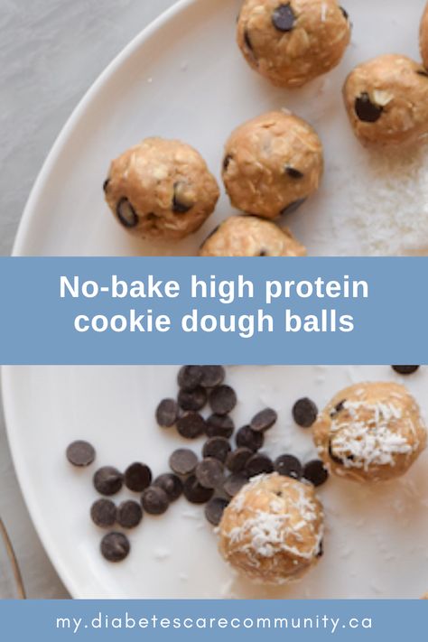 No-Bake High Protein Cookie Dough Balls Cookies Made With Protein Powder, High Fibre Desserts, Gluten Free Protein Cookies, Protein Cookie Dough Balls, High Protein Cookie Dough, High Protein Cookie, Healthier Dessert Options, High Protein Cookies, Protein Cookie Dough