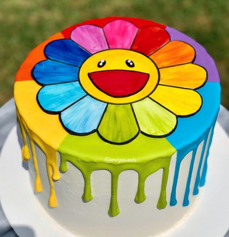 eNVy's Sweets sur Twitter : "REMAKE!! Takashi Murakami flower birthday cake! 🤩 Even making this a second time was so fun! I painted each of the petals to get the perfect colors and had a bright rainbow drip go all around the cake for added color!! ❤️🧡💛💚💙💜 #envyssweets ✨ https://t.co/MXYCVGeCAL" / Twitter Takashi Murakami Cake, Rainbow Flower Cake, Bright Birthday Cakes, Takashi Murakami Flower, Flower Birthday Cake, Decade Party, Colorful Cake, Murakami Flower, Flower Birthday Party