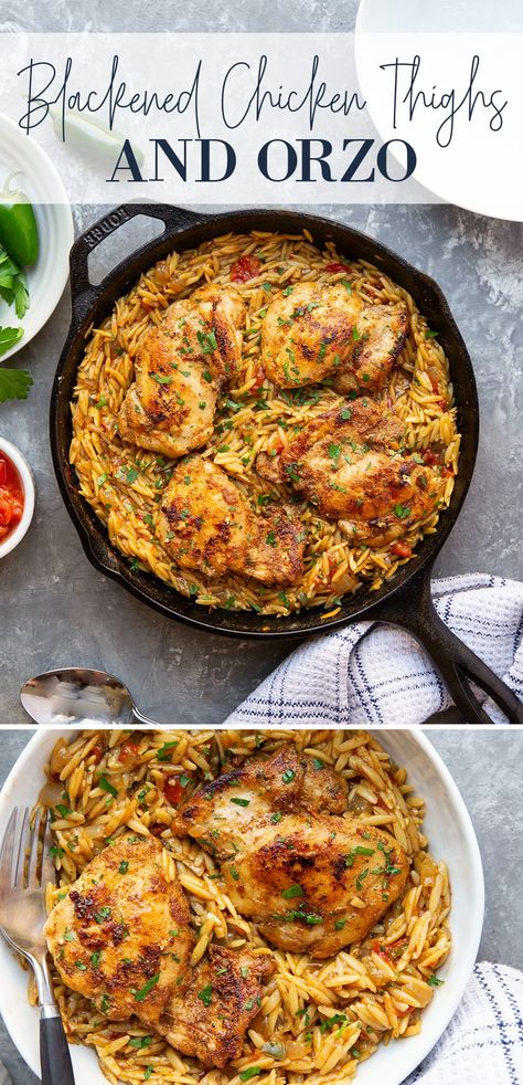 Chicken Thighs Asparagus, Savory Chicken Thigh Recipes, Chicken Thigh Recipes With Orzo, Boneless Skinless Chicken Thigh Recipes Orzo, Sunday Dinner Chicken Recipes, Blackened Chicken Meals, Chicken Thigh Recipe Easy, Blackened Chicken Meal Ideas, Orzo Chicken Thigh Recipes