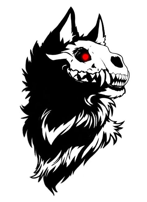 Scary Wolf Tattoo Design, Wolf With Skull Tattoo, Hellhound Drawing Reference, Hellhound Tattoo Design, Wolf With Skull Face, Wolf Skeleton Tattoo, Canine Skull Tattoo, Skull Wolf Art, Skull Dog Drawing