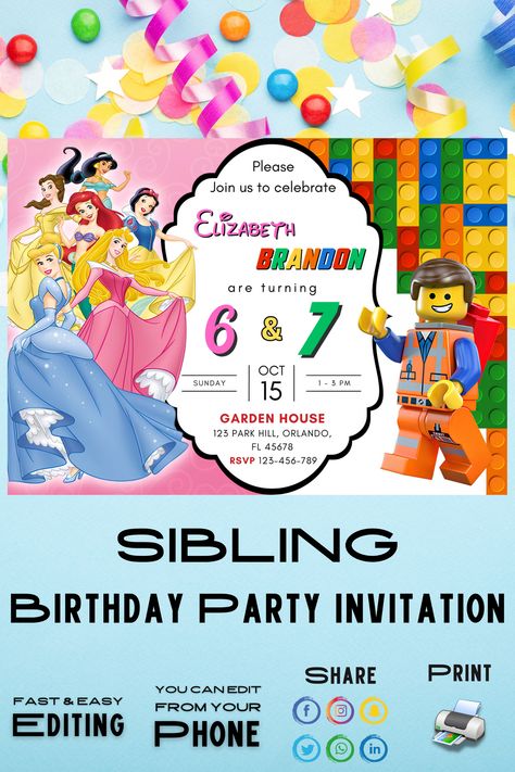 Searching for enchanting affirmations to make your little princess' day magical? Explore these affirmations filled with whimsical quotes and encouraging words for princesses and lego-loving siblings. Click to discover and shop these charming Sibling Birthday Invitation printables. Delight in a world of royal celebrations and building block adventures, with invitations that bring joy and excitement to your special day! 🎉👸🎈 #PrincessParty #LegoBirthday #SiblingCelebration Whimsical Quotes, Lego Birthday Invitations, Sibling Birthday Parties, Twins Birthday, Encouraging Words, Lego Birthday, Twin Birthday, Whimsical Decor, Birthday Party Invitation