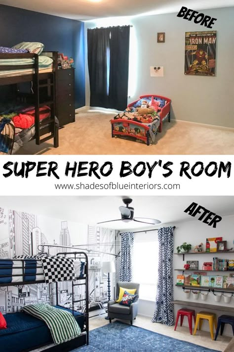 Superhero Shared Bedroom, Bunk Bed Superhero Room, Superhero Bedroom Bunk Beds, Boys Rooms With Bunk Beds, Lego Superhero Bedroom, Superhero Bunk Bed, Little Boys Bedding, Kindergarten Boy Bedroom Ideas, Boys Room With Bunk Beds Ideas