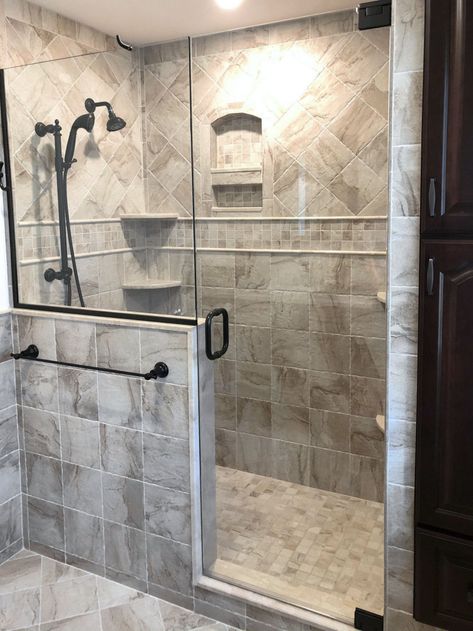 Bathrooms Gallery | McGuire + Co. Kitchen & Bath Lowes Shower Kits, Custom Showers Walk In, Dark Wood Vanity, Custom Showers, Color Tiles, Shower Renovation, Bath Tile, Custom Tile Shower, Master Bath Shower