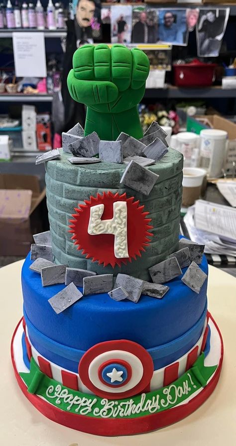 Birthday Cake Two Tier, Cake Two Tier, Superhero Cakes, 4th Birthday Cake, Captain America 2, Superhero Birthday Cake, 4th Birthday Cakes, Superhero Cake, The Hulk