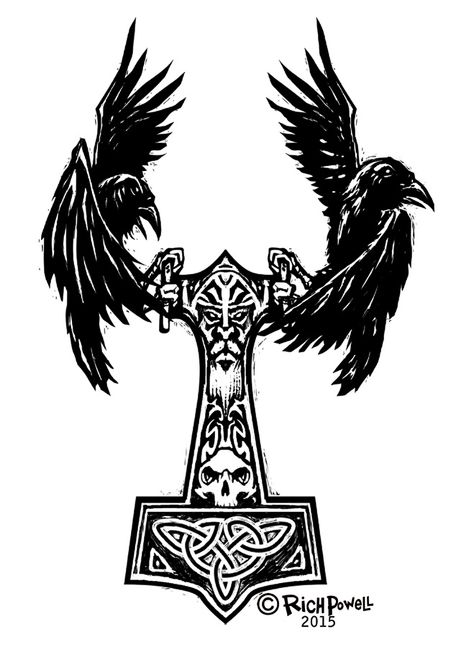 Norse Raven Tattoo, Thor Hammer Tattoo, Mjolnir Tattoo, Norse Raven, Hammer Tattoo, Rabe Tattoo, Pattern Tattoos, Viking Tattoo Symbol, Viking Tattoo Sleeve