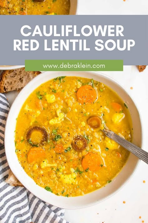 Cauliflower Soup with Red Lentils close up in a white bowl. Cauliflower Lentil Soup, Best Cauliflower Soup, Cauliflower Soup Vegan, Lentil Cauliflower, Crockpot Cauliflower, Vegan Cauliflower Soup, Easy Cauliflower Soup, Lentil Potato Soup, Lentil Soups